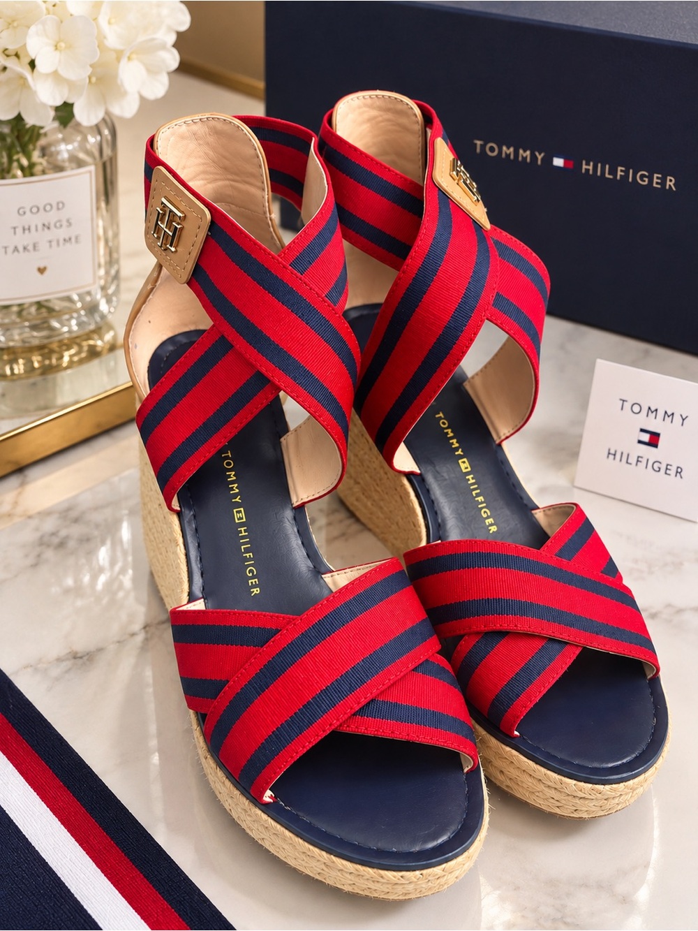 Tommy Hilfiger Red & Navy Striped Espadrille Wedge Sandals